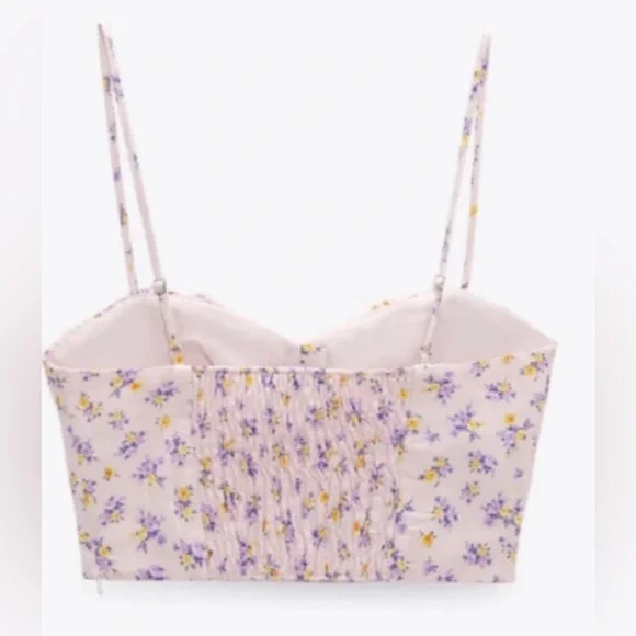 ZARA Multicolored Floral Spaghetti Strapped Crop Top Stretchy Blouse Size L NEW - Picture 2 of 7